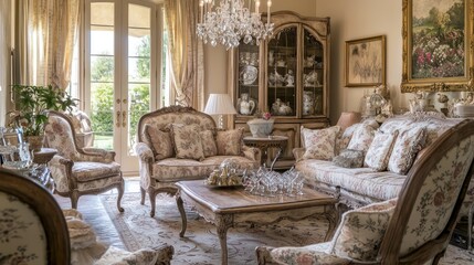 An elegant French provincial living room with delicate toile fabrics, distressed wood furniture, and a vintage crystal chandelier