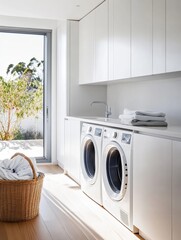 Poster - The laundry room showcases built-in washer and dryer units, bright white cabinetry, and a laundry basket ready for use. Generative AI