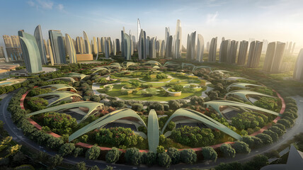 A futuristic green city with innovative architectural designs and abundant greenery, symbolizing environmental progress in Arab countries. (indicates Arab Environment Day).
