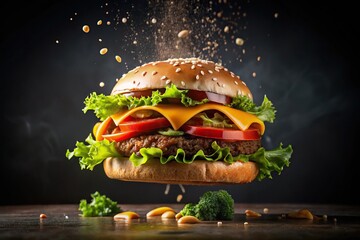 Floating hamburger with meat cheese tomatoes lettuce and splash of sauce isolated on dark background fisheye