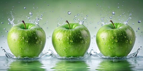 Floating green apples with water droplets on surface