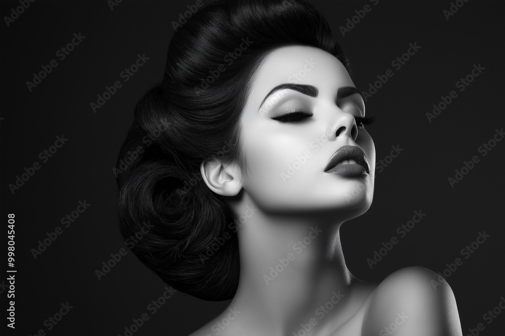 Beautiful woman with a vintage hairstyle, wearing a black dress, posing ...