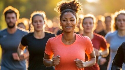 Wall Mural - a group of diverse people jogging together in the park on a sunny morning creating a vibrant and hea