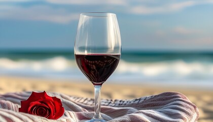 Wall Mural - Rosé wine glass on a beach towel with a serene beach scene in soft focus, perfect for summer relaxation