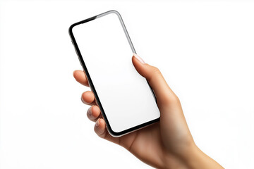 A woman's hand holding an Phone with the screen facing up, pointing to it on a white background. Isolated hand in a portrait position touching a blank smartphone mockup for advertising and design