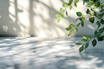 Wall Mural - white marble table top with a blurred abstract background of a window and green leaves for a product