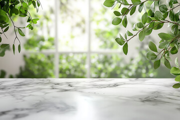 Wall Mural - white marble table top with a blurred abstract background of a window and green leaves for a product