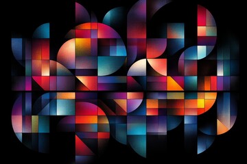 Sticker - Colorful abstract geometric artwork with layered transparent shapes interlocking patterns and a dark background creating a futuristic and vibrant effect