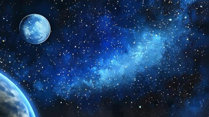 Wall Mural - A watercolor painting of a starry night sky with two planets in the distance