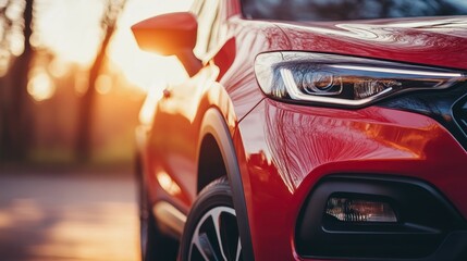 A close-up shot of a red car parked in a park during sunset. The golden light illuminates the car, showcasing its sleek design and shiny paint.