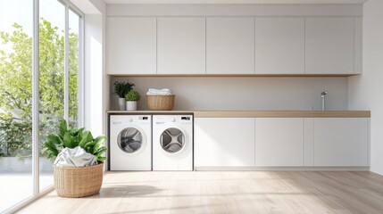 Sticker - The laundry room features a built-in washer and dryer, stylish cabinets, and a nearby basket filled with freshly laundered clothes. Generative AI