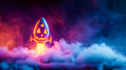 Wall Mural - A cute and quirky Halloween pumpkin in the shape of a space rocket flying towards the sky surrounded by smoke, with bright and cheerful colors