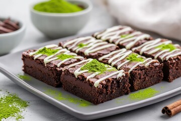 Wall Mural - Delicious chocolate brownies topped with matcha powder and a creamy drizzle, served on a sleek plate, perfect for dessert lovers.