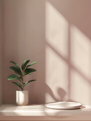 Wall Mural - A minimalist scene with a single plant in a white pot and a round platform against a soft pink background. The window casts light and shadows.