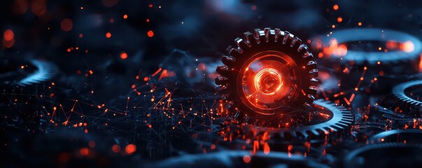 Wall Mural - A glowing gear surrounded by sparks and dark mechanical elements, creating a futuristic, dynamic atmosphere.