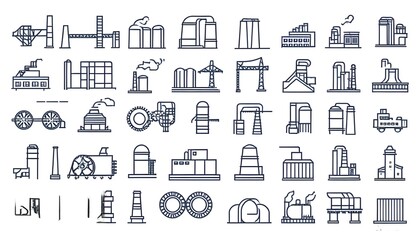 Wall Mural - Vector line icons of metallurgy products featuring steel structures and pipes on a clean white background