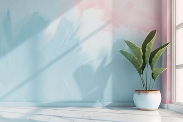 Wall Mural - A potted plant with green leaves sits in a corner of a room with a light blue wall and a white marble floor.