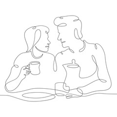 Wall Mural - Young loving couple in a cafe. A woman and a man sit for coffee and food. One continuous line .One continuous drawing line logo isolated minimal illustration.