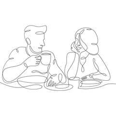 Wall Mural - Young loving couple in a cafe. A woman and a man sit for coffee and food. One continuous line .One continuous drawing line logo isolated minimal illustration.