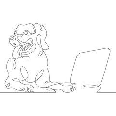 Wall Mural - Dog logo. A dog sits with a laptop. A pet with a computer.One continuous line .One continuous drawing line logo isolated minimal illustration.