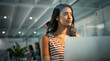© peopleimages.com - Woman, laptop and thinking at night in office with inspiration, idea and editing story at global news company. Journalist, writer and person by computer for article, newsletter or job at media agency