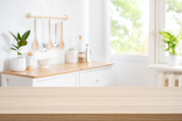 Wall Mural - wooden table top on defocused rustic kitchen bench interior background