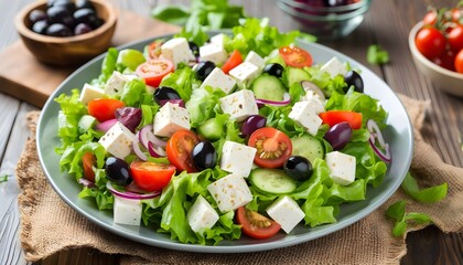 Wall Mural - Fresh house salad topped with creamy feta cheese and vibrant vegetables