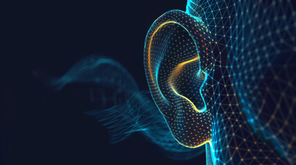 AI artificial digital futuristic technology neon wireframe grid human ear on dark black presentation background. Futuristic cyber robot.
