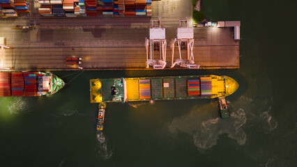 Wall Mural - Tugboat pulling Container ship to Shipyard Cargo Container Sea Port Freight logistics and transportation. International Shipping Depot Customs Port for import export trade Transport