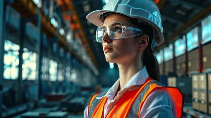 Wall Mural - Female engineer working in an industrial factory wearing a white hard hat and glasses looking at the camera.