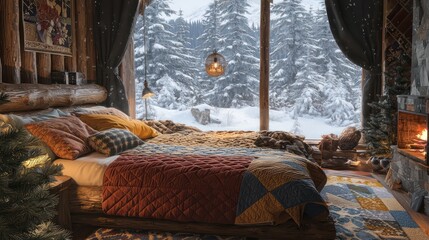 A cozy alpine bedroom with a log bed, quilted throws, and a window overlooking snow-covered pines