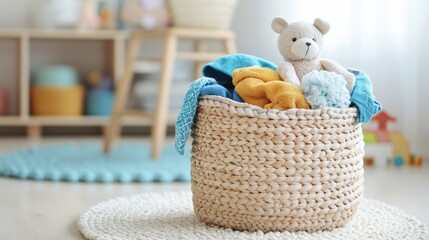 Aufkleber - A laundry basket overflowing with vibrant children's apparel and cuddly toys sits in a sunlit, inviting room atmosphere. Generative AI