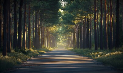 Aufkleber - Peaceful Forest Road with Towering Pine Trees and Sunlight Filtering Through Leaves