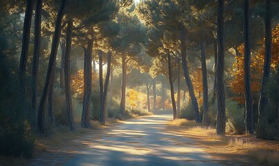 Poster - Peaceful Forest Road with Towering Pine Trees and Sunlight Filtering Through Leaves