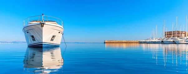 luxury yacht docked calmly in clear blue waters under a bright sky.