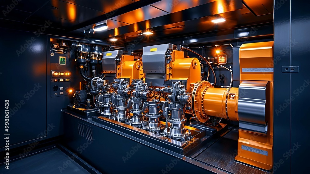 High-tech machinery with orange and silver components in a dark ...