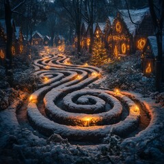 Wall Mural - A winding path through a snowy, magical winter village with glowing lights, leading to a cluster of houses.