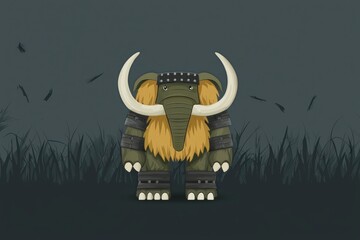 Poster - Cartoon Mammoth with tusks standing in tall grass