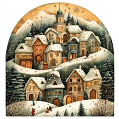 Poster - A snowy, whimsical village nestled in a mountain valley with a church steeple in the background, people playing in the snow and golden sunlight shining over the landscape.