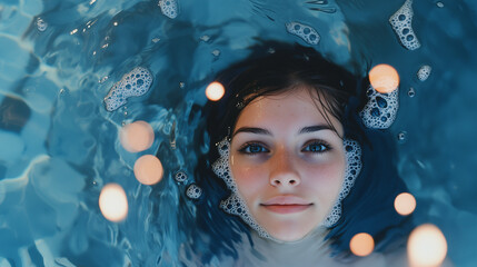 Wall Mural - A woman is in a pool of water with bubbles