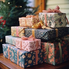 Canvas Print - A stack of beautifully wrapped gifts with floral patterned paper and ribbons sit on a table.