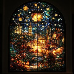 Canvas Print - A stained glass window depicting a winter village scene with a bright star in the night sky.