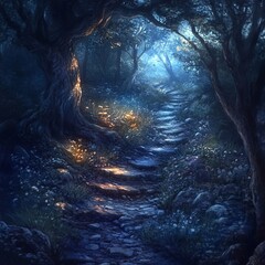 Sticker - A stone path winds through a dense, moonlit forest, leading towards a mystical glow in the distance.