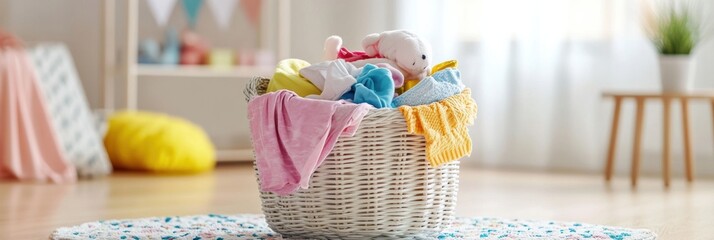 Poster - Brightly colored children's clothes and soft toys fill a laundry basket in a sunlit room, creating an inviting and cheerful atmosphere. Generative AI
