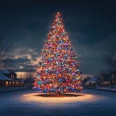 Poster - A tall, decorated Christmas tree stands in the snow, lit up with colorful lights against a dark night sky.