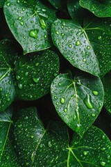 Wall Mural - Lush green leaves adorned with glistening droplets, showcasing nature’s beauty and freshness.