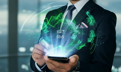 Wall Mural - businessman using laptop with holographic financial graphs, data science concept with digital hologr