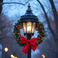 Sticker - A traditional street lamp adorned with a festive Christmas wreath and a bright red bow.