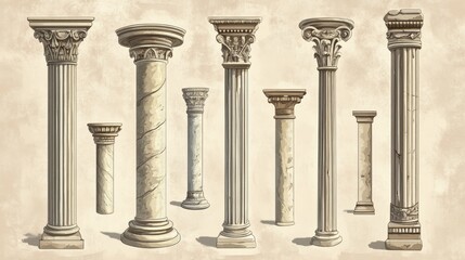 Wall Mural - cartoonish pillars and antique architecture columns reminiscent of ancient roman temples. a collecti