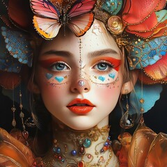 Wall Mural - A vibrant portrait of a young woman adorned with colorful butterflies and intricate jewelry.